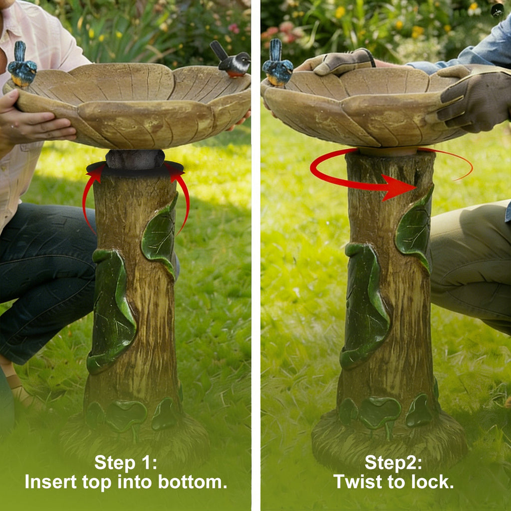 24-Inch Concrete Birdbath – Rustic Carved Trunk