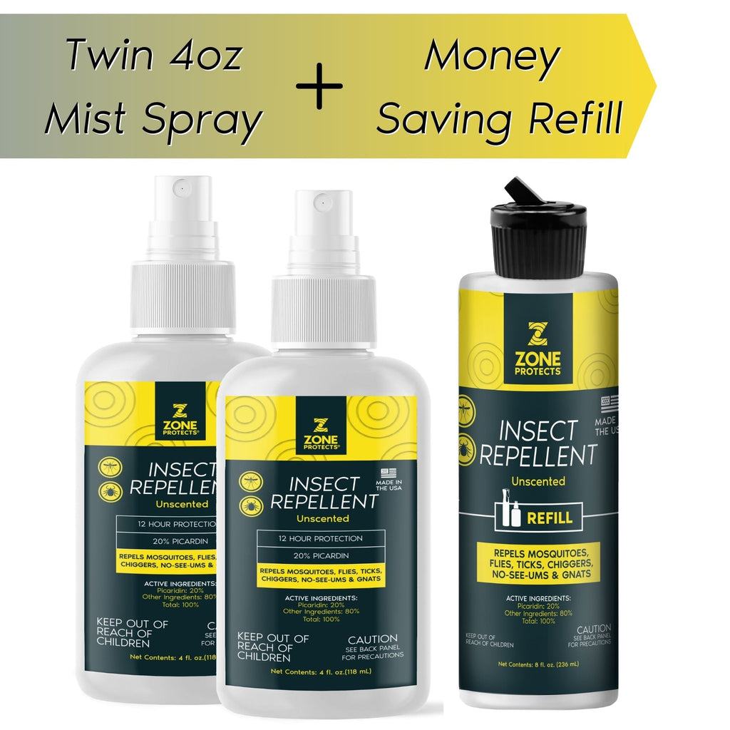 Zone Protects Unscented Picaridin Repellent Bundle — Two 4 oz Bottles & Refill