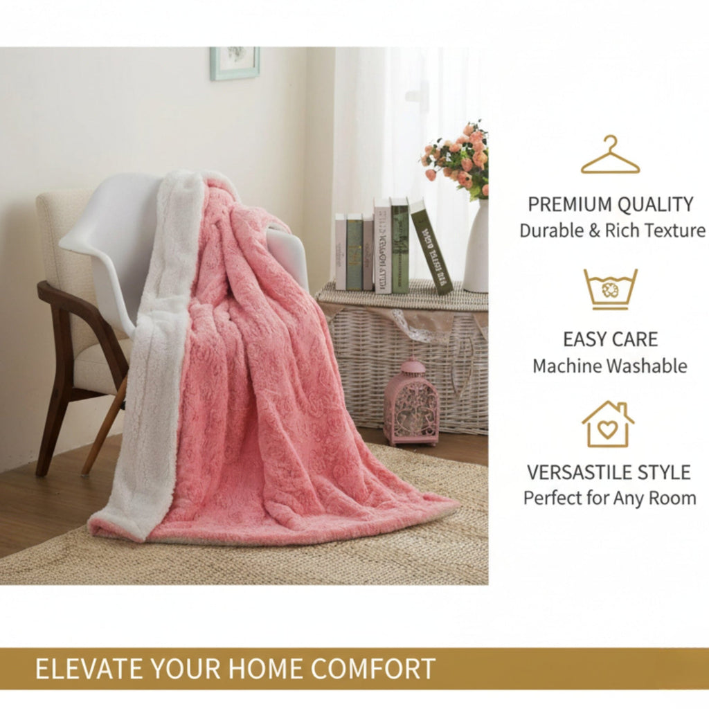 DaDa Bedding Pink Rose Sherpa Fleece Throw Blanket