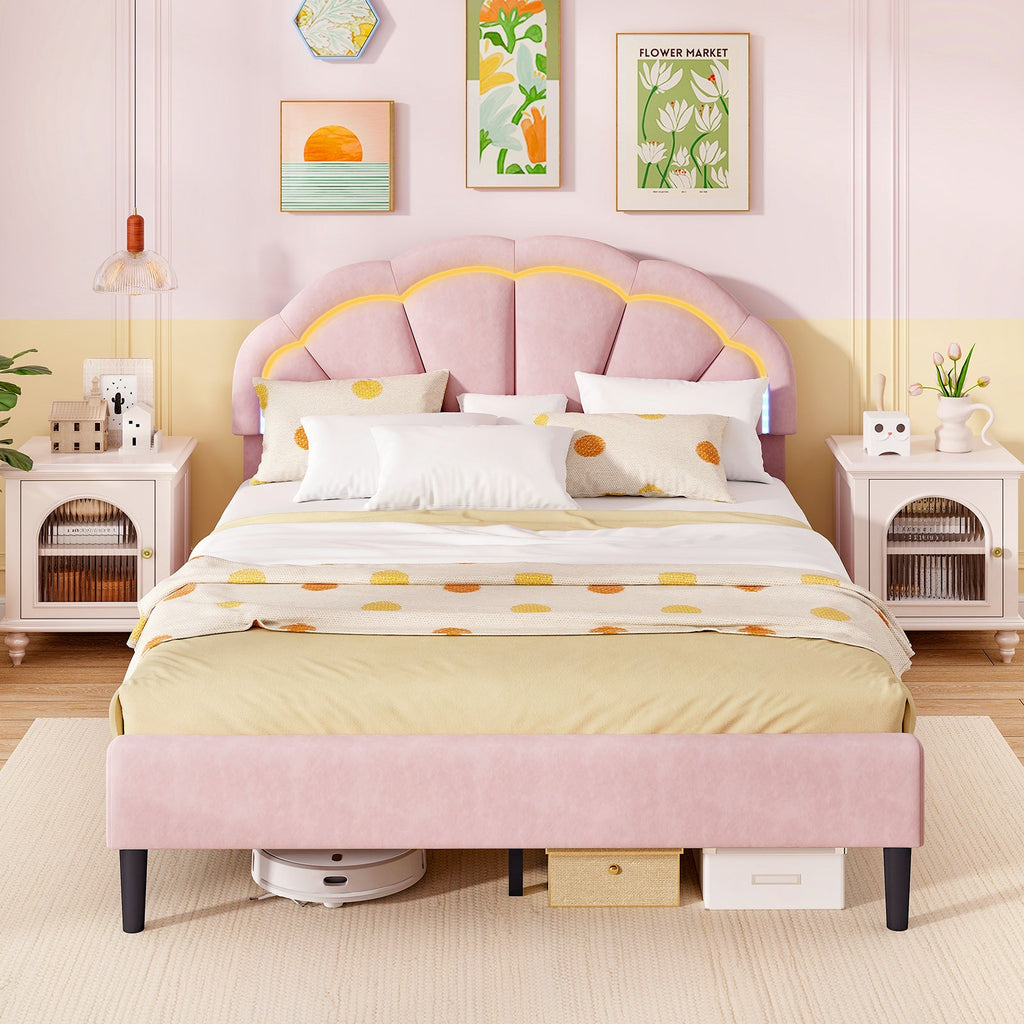 Upholstered LED Bed Frame with Adjustable Flower Headboard and Metal Support Feet Pink-Queen Size