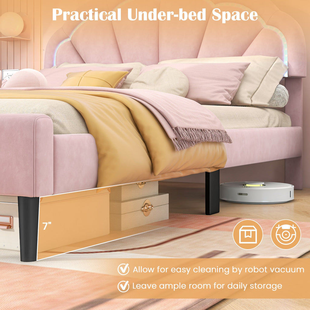 Upholstered LED Bed Frame with Adjustable Flower Headboard and Metal Support Feet Pink-Queen Size