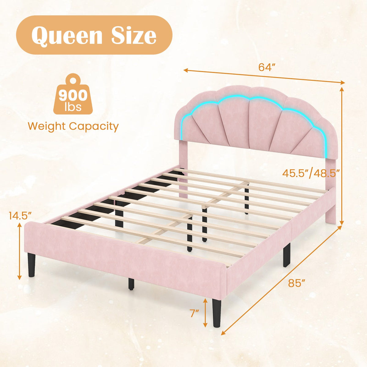 Upholstered LED Bed Frame with Adjustable Flower Headboard and Metal Support Feet Pink-Queen Size