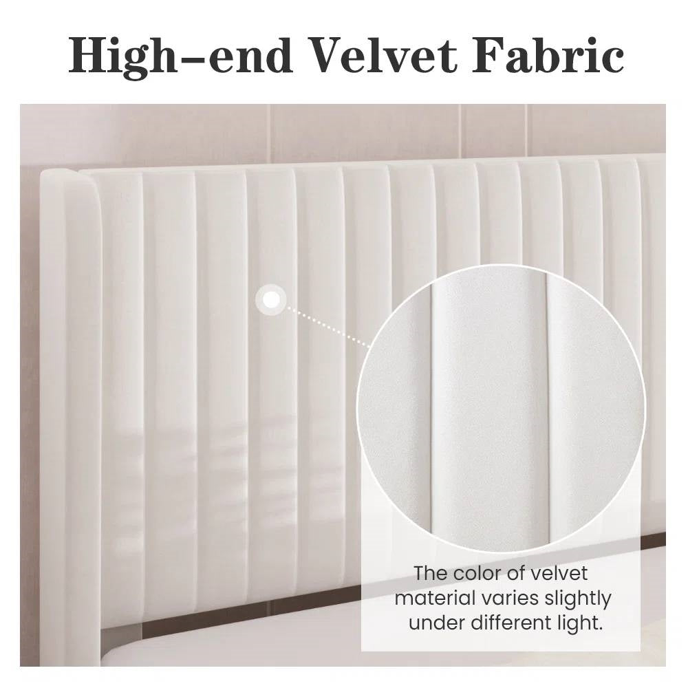 Queen size White Velvet Upholstered Platform Bed Frame with Wingback Headboard