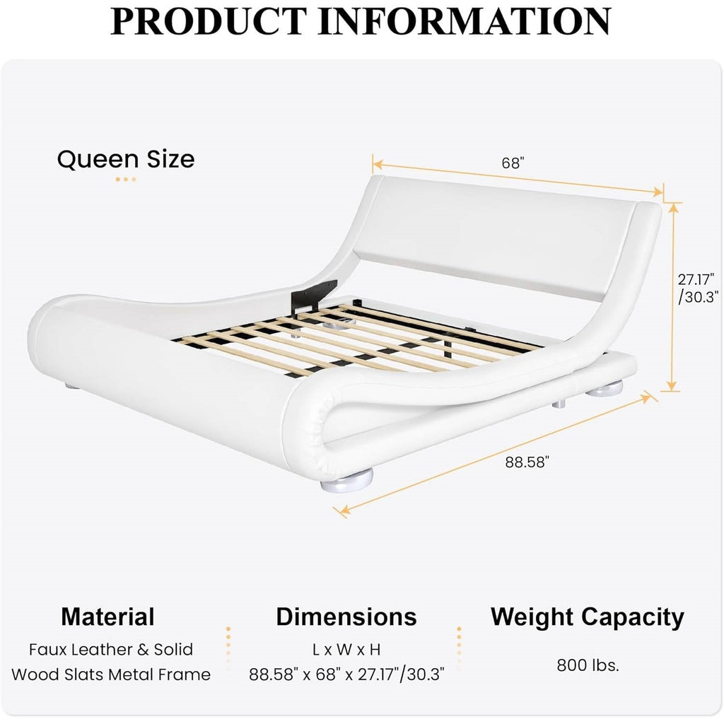 Queen Modern White Upholstered Platform Bed Frame with Sleigh Curved Headboard
