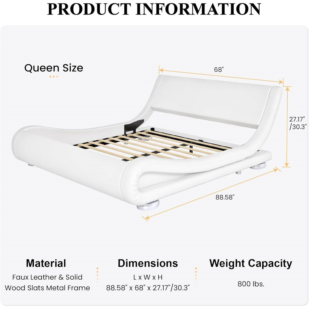 Queen Modern White Upholstered Platform Bed Frame with Sleigh Curved Headboard
