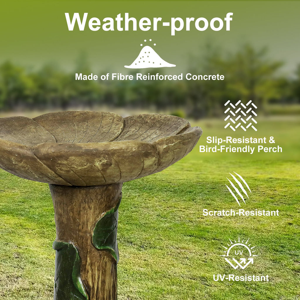24-Inch Concrete Birdbath – Rustic Carved Trunk