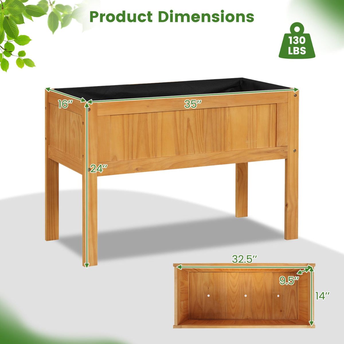 Elevated Wooden Raised Garden Bed with Liner & Drainage