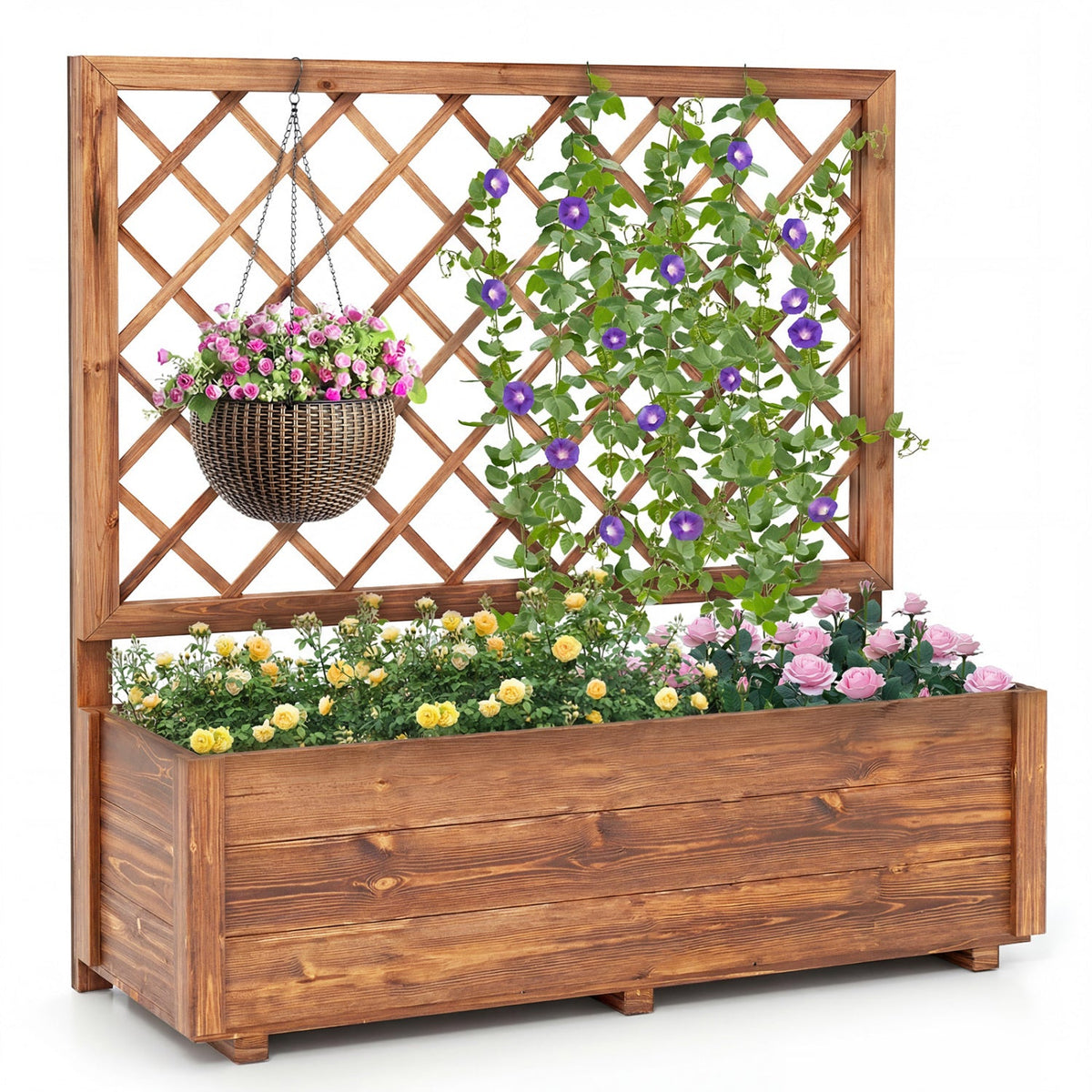 Wooden Elevated Garden Bed with Lattice Trellis