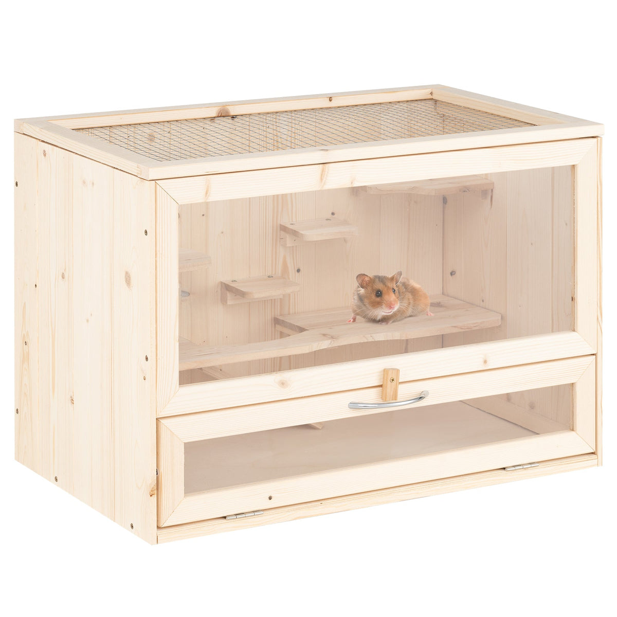 Wooden Hamster Cage with Mesh Flip Roof-Natural