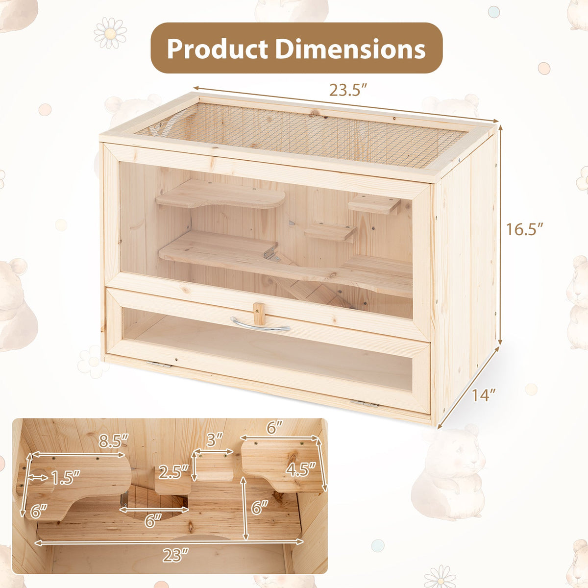 Wooden Hamster Cage with Mesh Flip Roof-Natural