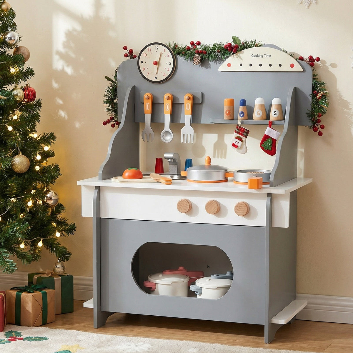 Kids’ Wooden Pretend Play Kitchen with Clock — Pink