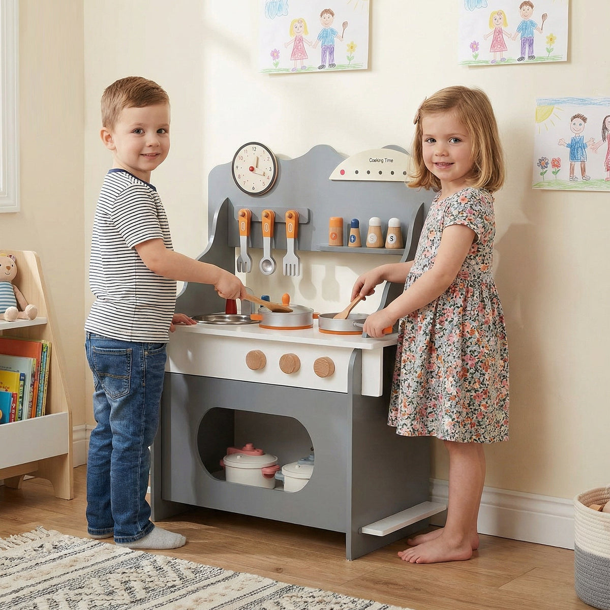 Kids’ Wooden Pretend Play Kitchen with Clock — Pink
