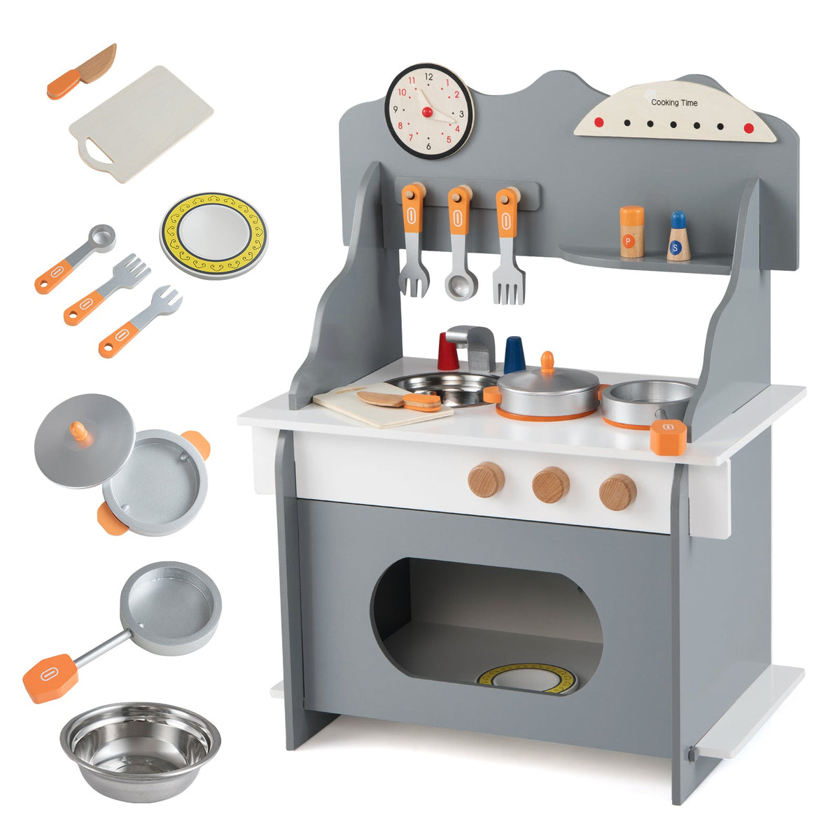 Kids’ Wooden Pretend Play Kitchen with Clock — Pink
