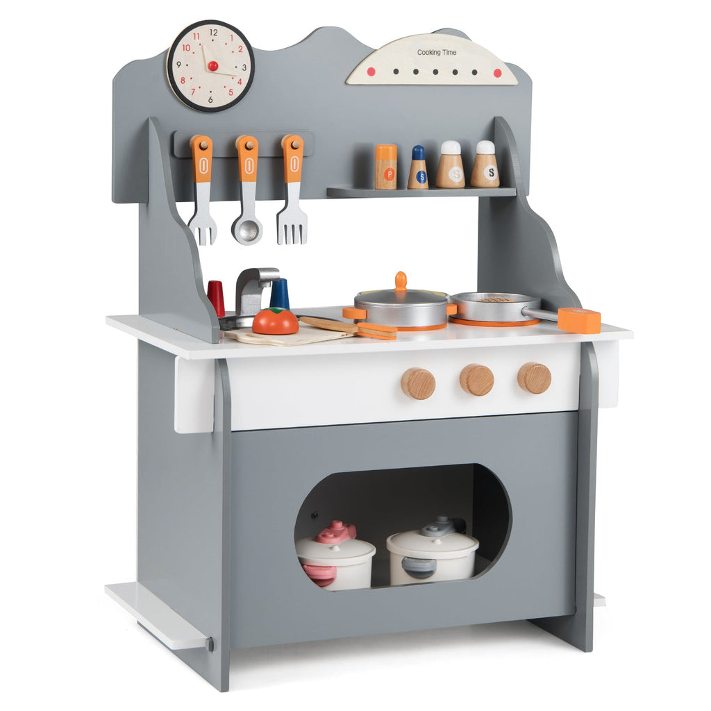 Kids’ Wooden Pretend Play Kitchen with Clock — Pink