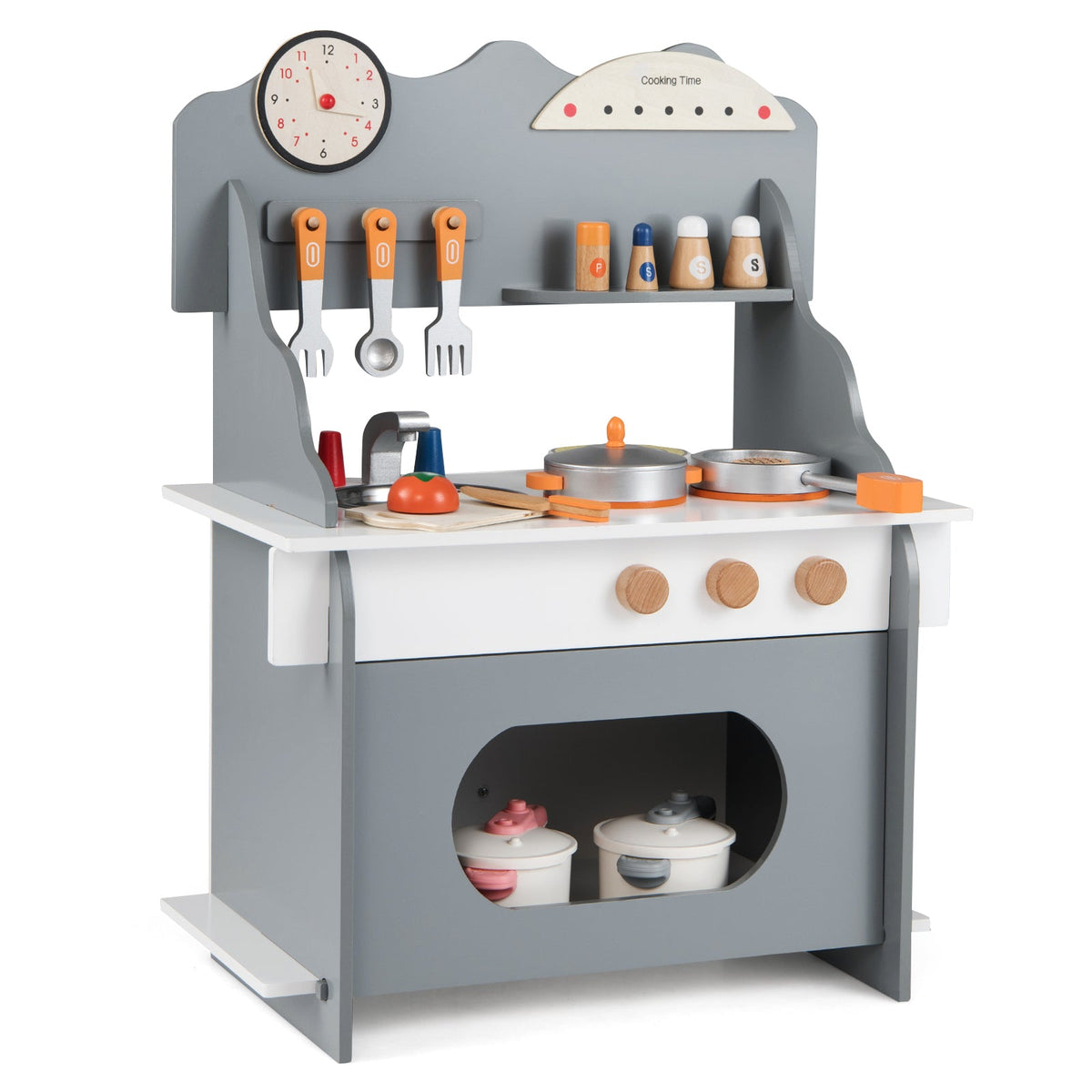 Kids’ Wooden Pretend Play Kitchen with Clock — Pink