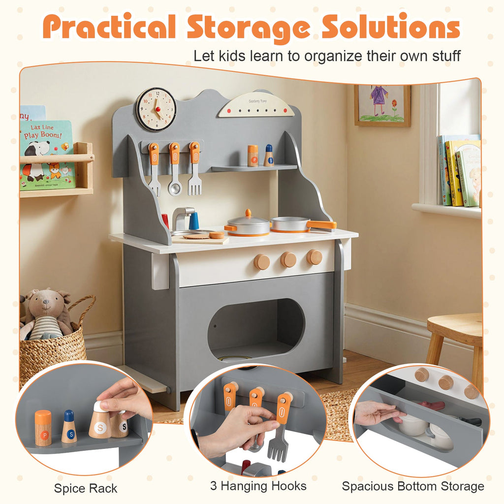 Kids’ Wooden Pretend Play Kitchen with Clock — Pink