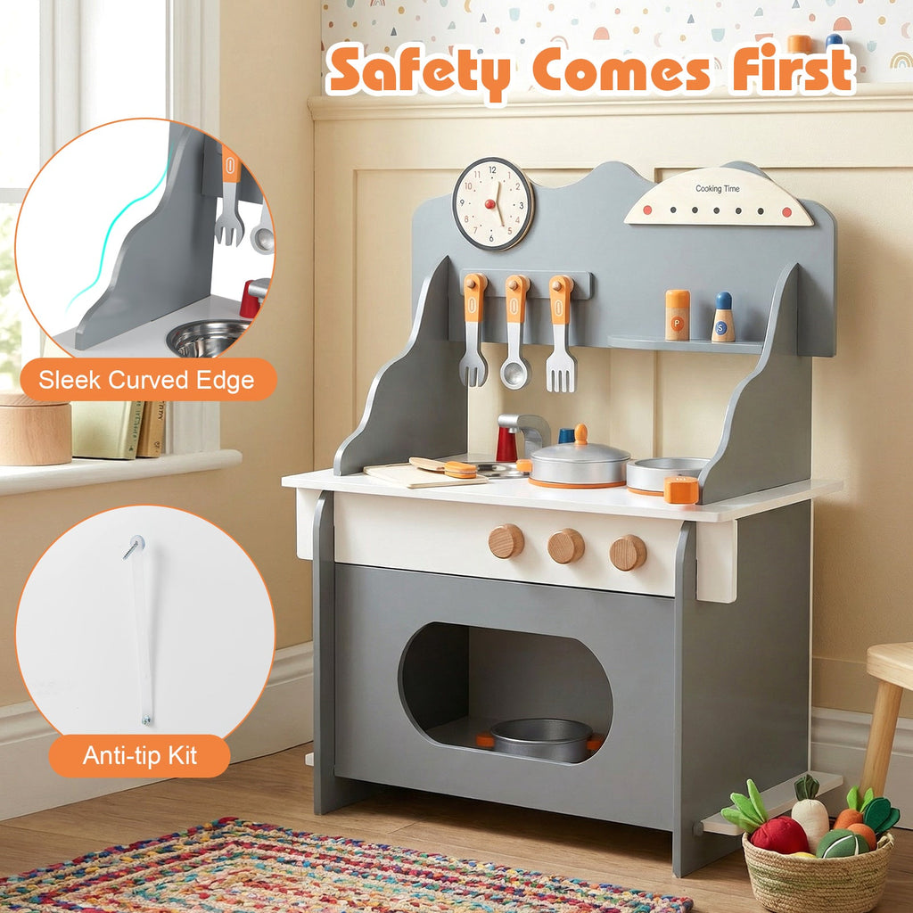 Kids’ Wooden Pretend Play Kitchen with Clock — Pink