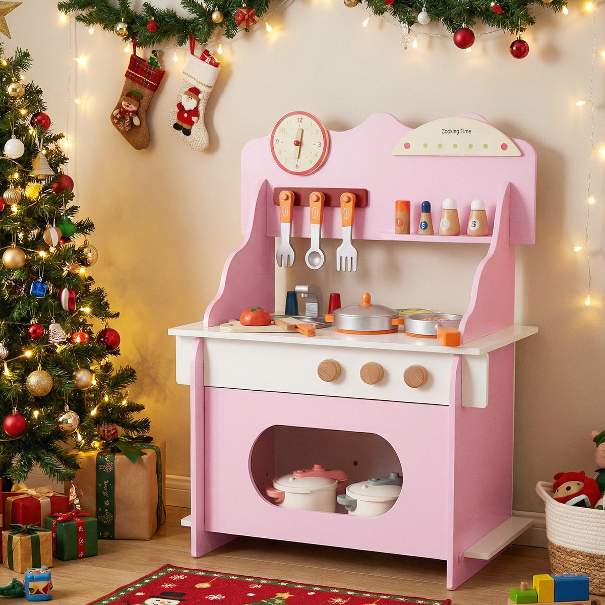 Kids’ Wooden Pretend Play Kitchen with Clock — Pink