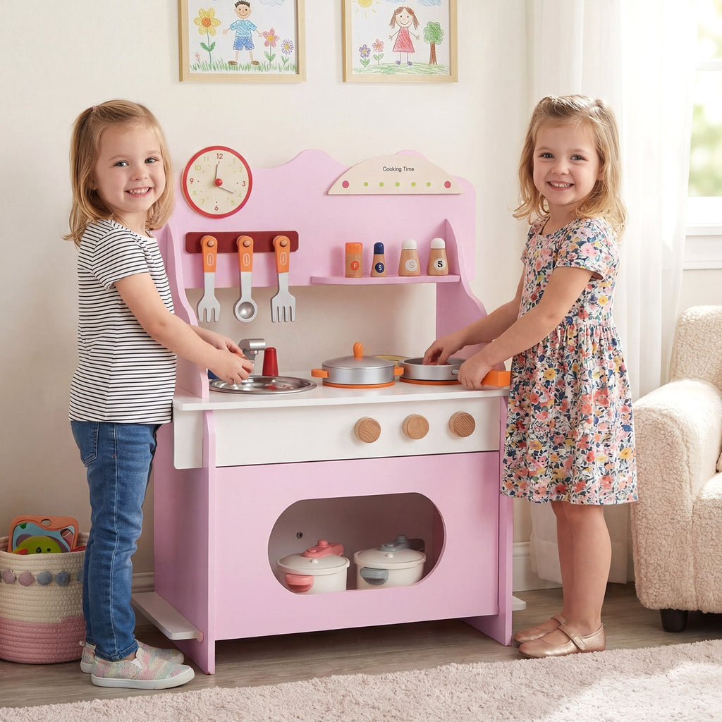 Kids’ Wooden Pretend Play Kitchen with Clock — Pink