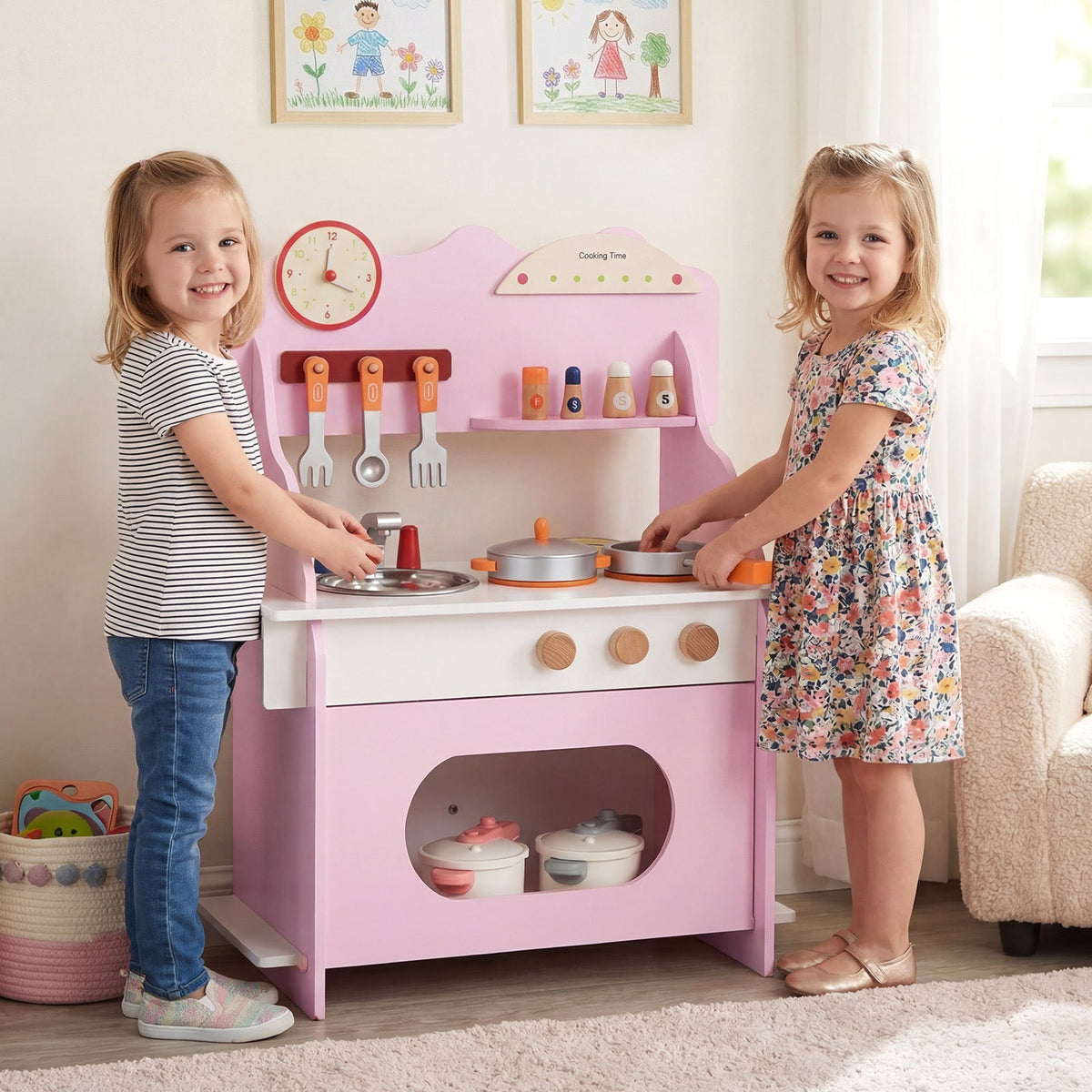 Kids’ Wooden Pretend Play Kitchen with Clock — Pink