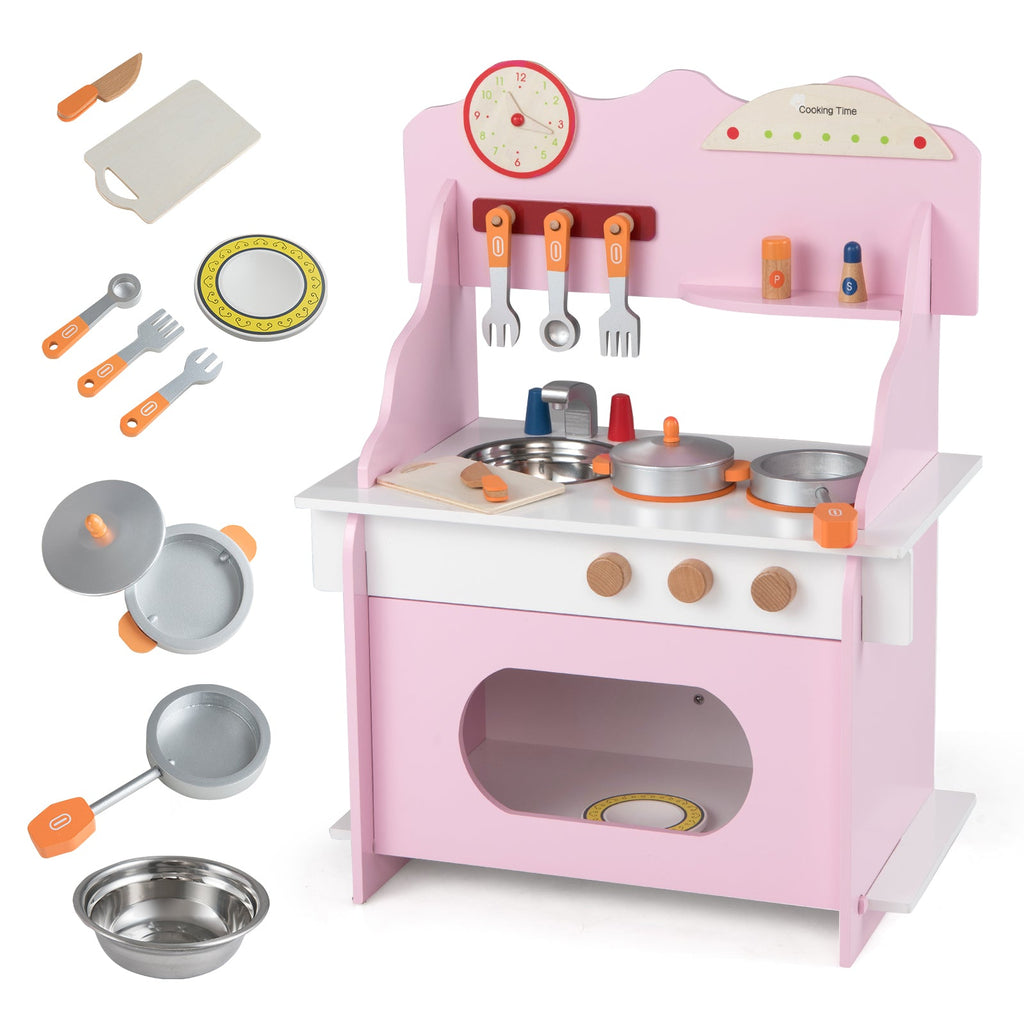 Kids’ Wooden Pretend Play Kitchen with Clock — Pink