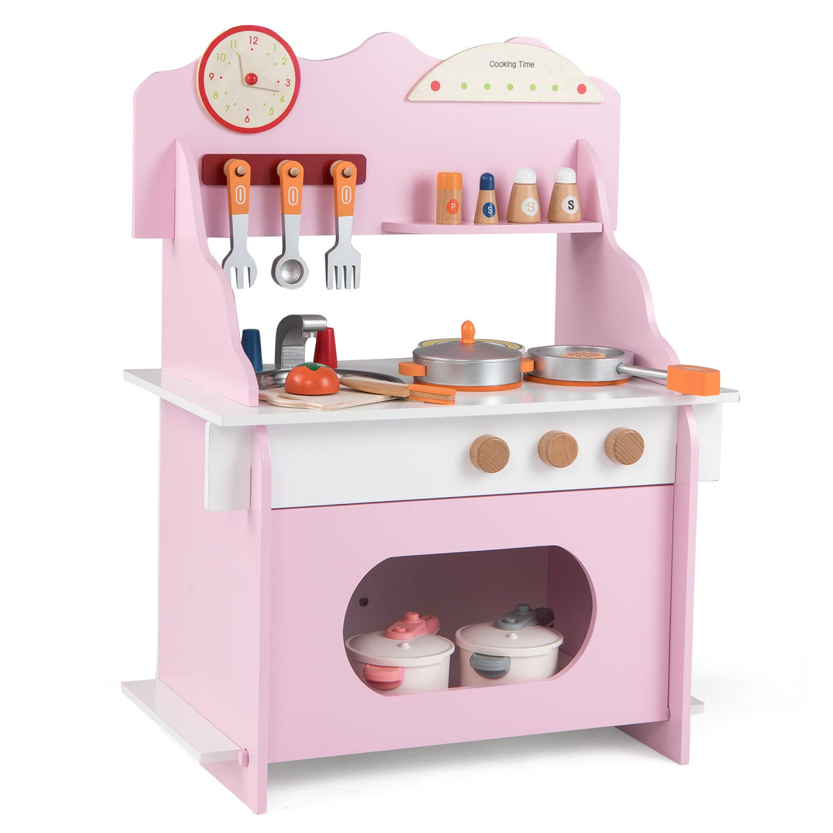 Kids’ Wooden Pretend Play Kitchen with Clock — Pink