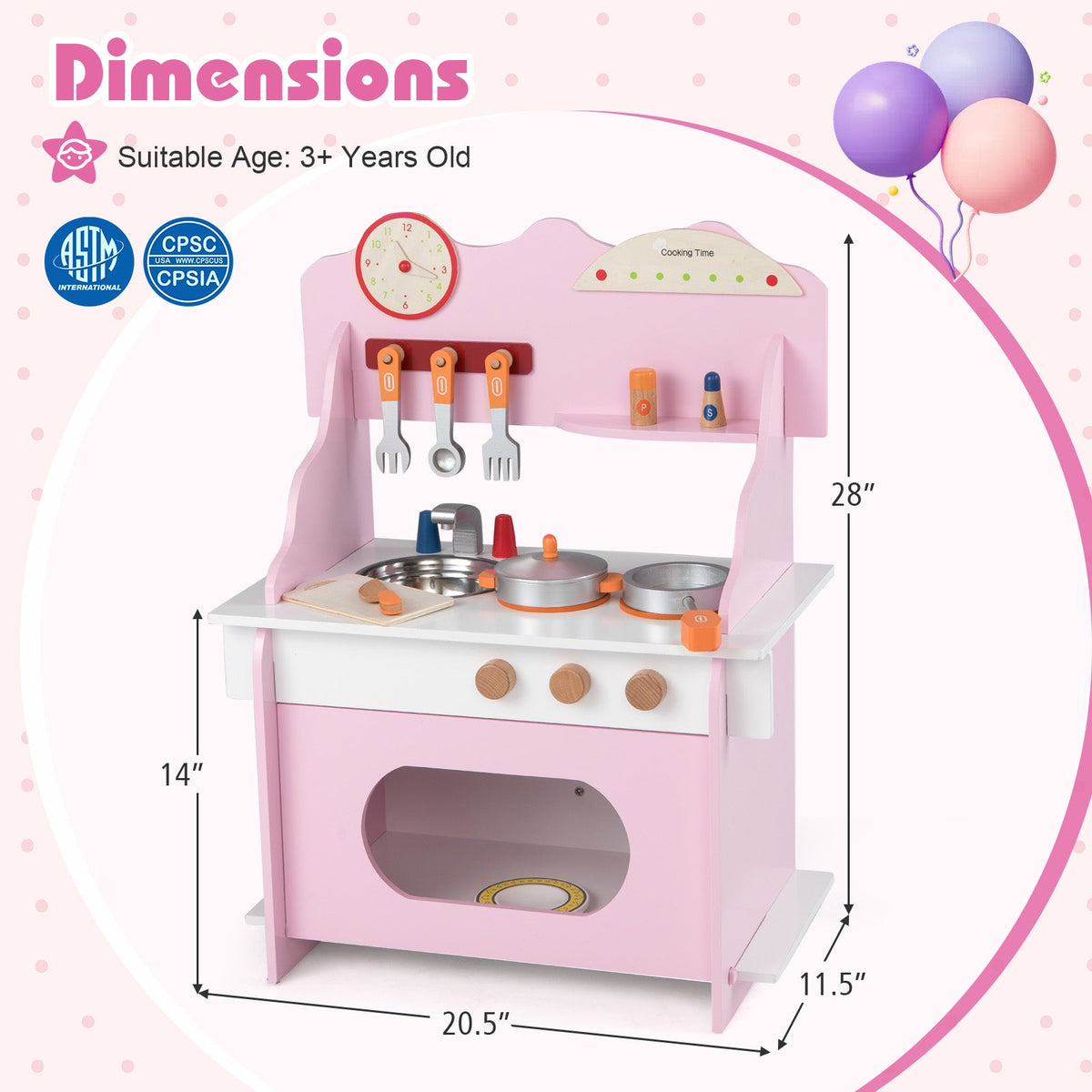 Kids’ Wooden Pretend Play Kitchen with Clock — Pink