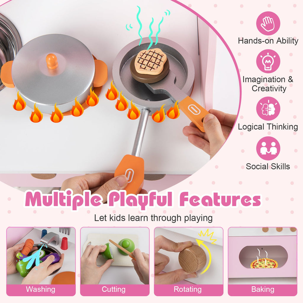 Kids’ Wooden Pretend Play Kitchen with Clock — Pink