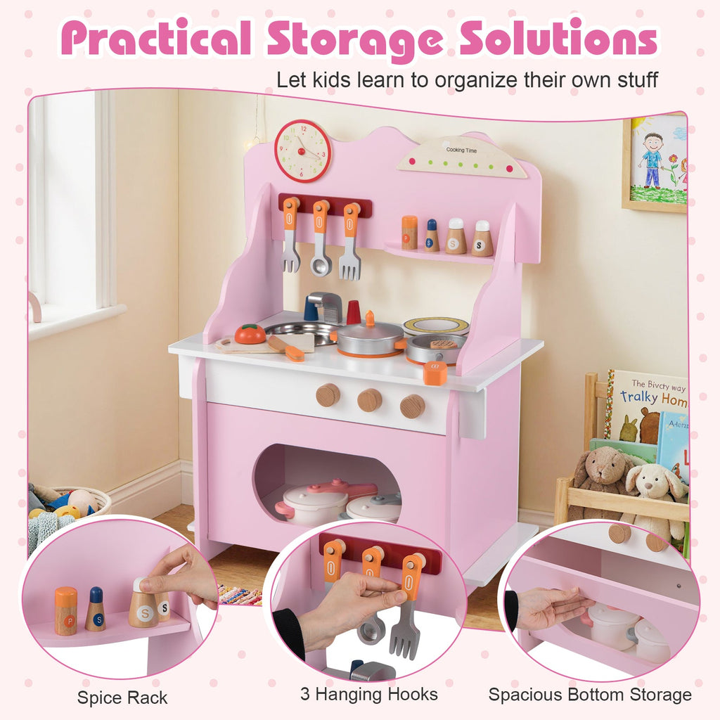 Kids’ Wooden Pretend Play Kitchen with Clock — Pink