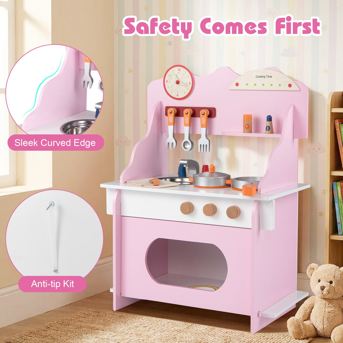 Kids’ Wooden Pretend Play Kitchen with Clock — Pink