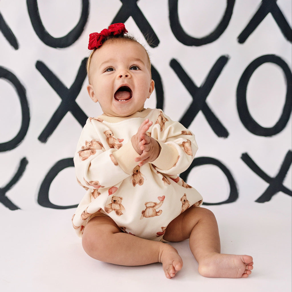 Baby Teddy Bear & Hearts Sweatshirt Romper