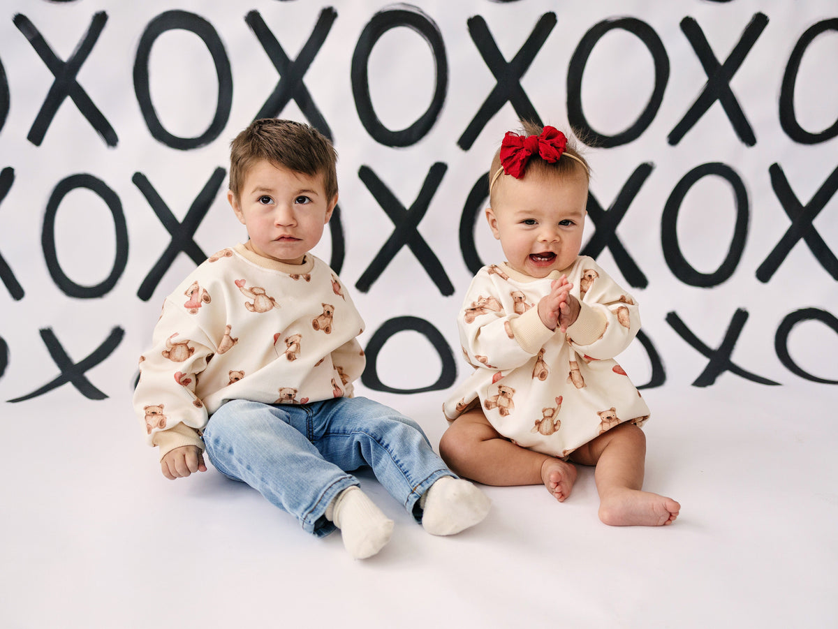 Baby Teddy Bear & Hearts Sweatshirt Romper