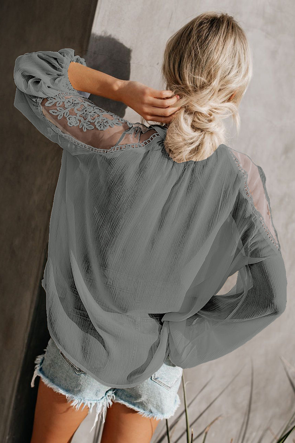 Lace-Detail Tie-Neck Blouse