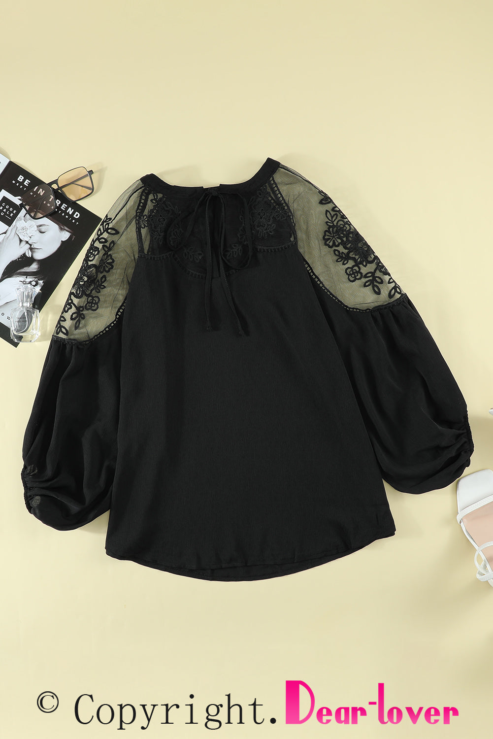 Lace-Detail Tie-Neck Blouse