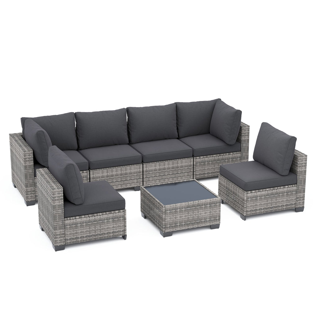 7-Piece Outdoor Patio Furniture Set, All-Weather Wicker Rattan Sectional Sofa With Thick Cushions & Glass Table, Modular Patio Conversation Furniture For Backyard, Poolside & Garden -Grey-Grey
