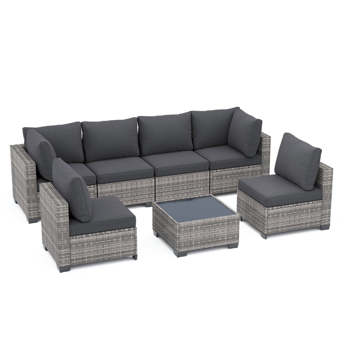 7-Piece Outdoor Patio Furniture Set, All-Weather Wicker Rattan Sectional Sofa With Thick Cushions & Glass Table, Modular Patio Conversation Furniture For Backyard, Poolside & Garden -Grey-Grey