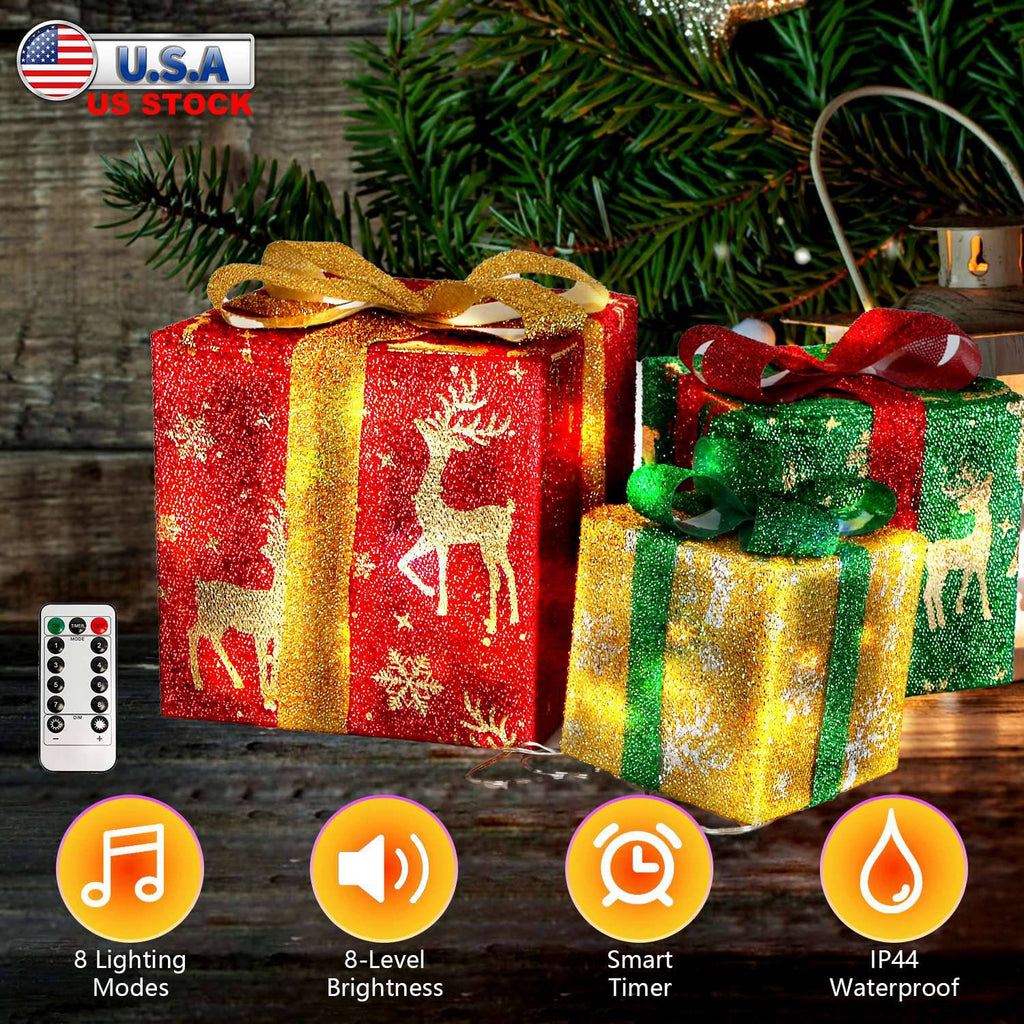 Set of 3 Christmas Lighted Gift Boxes Christmas Present Ornament 50 LED Christmas Box Decorations