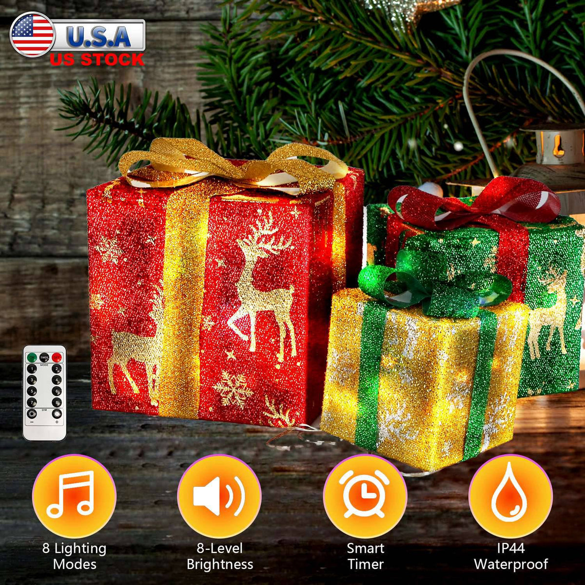 Set of 3 Christmas Lighted Gift Boxes Christmas Present Ornament 50 LED Christmas Box Decorations