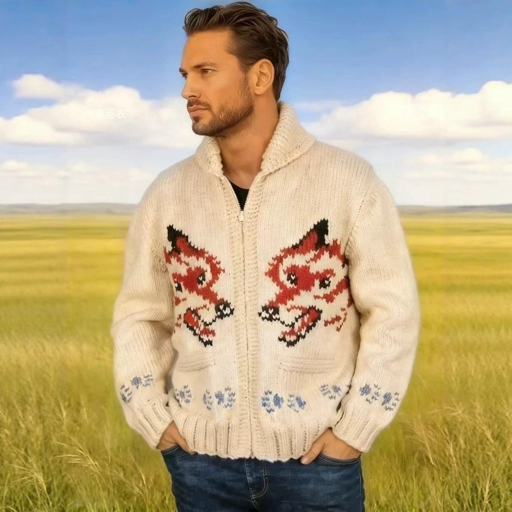 Men's Fox-Pattern Zip-Up Jacquard Cardigan