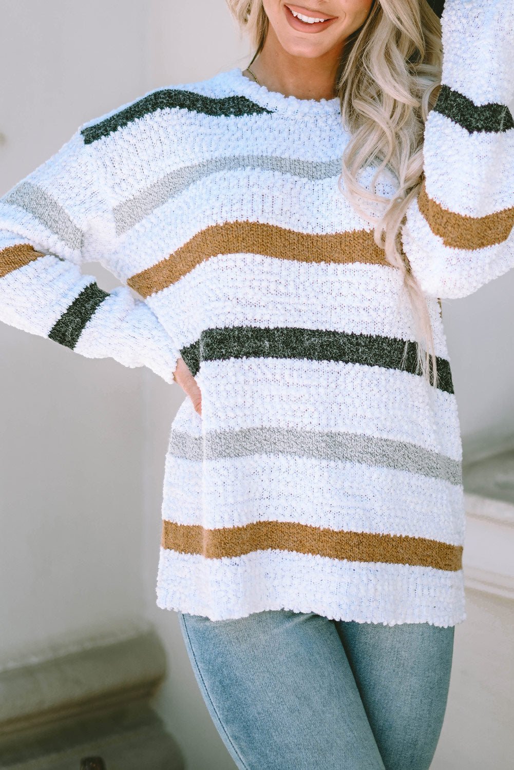 Women's Striped Popcorn-Knit Sweater