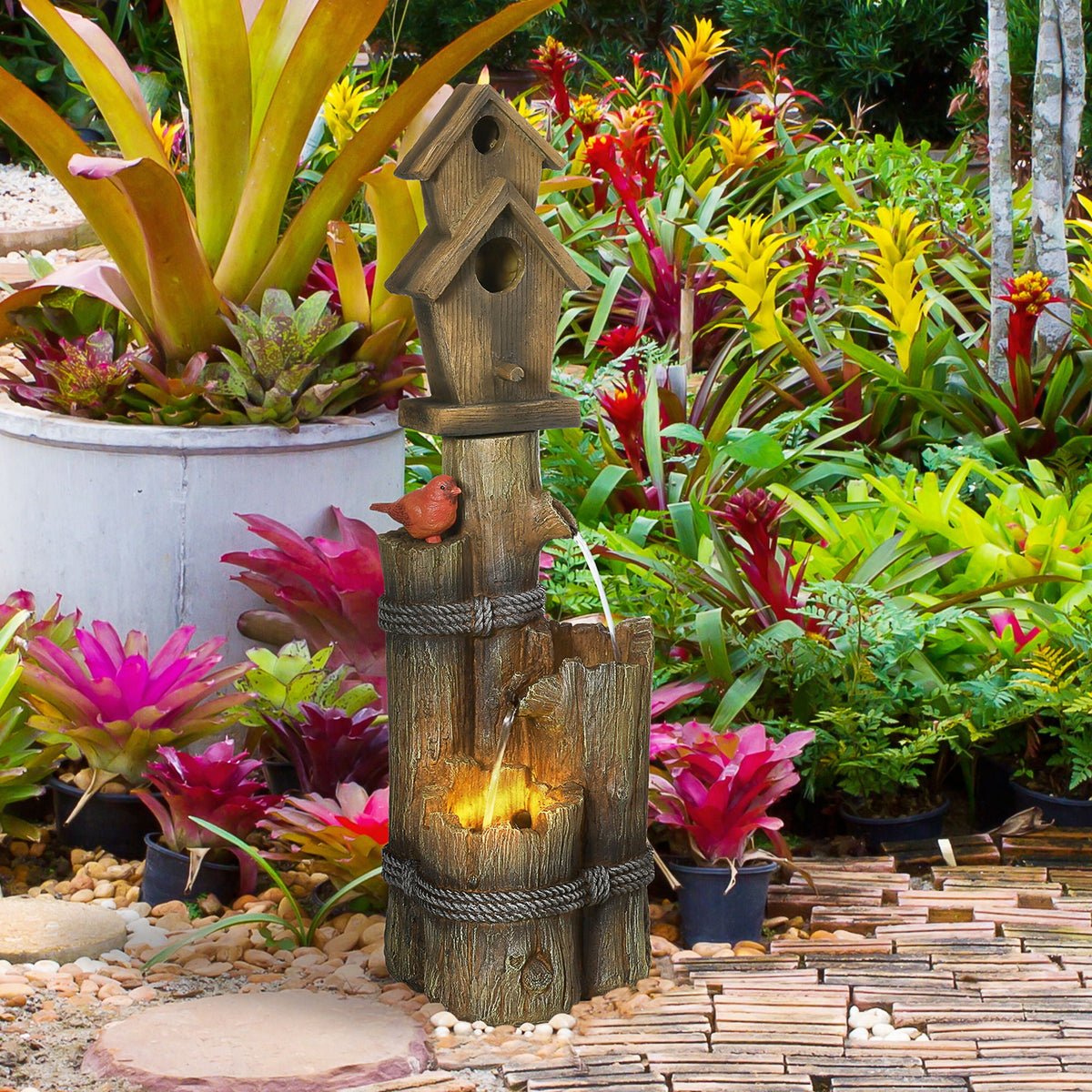 Outsunny 3-Tier Rustic Birdhouse Waterfall Garden Fountain