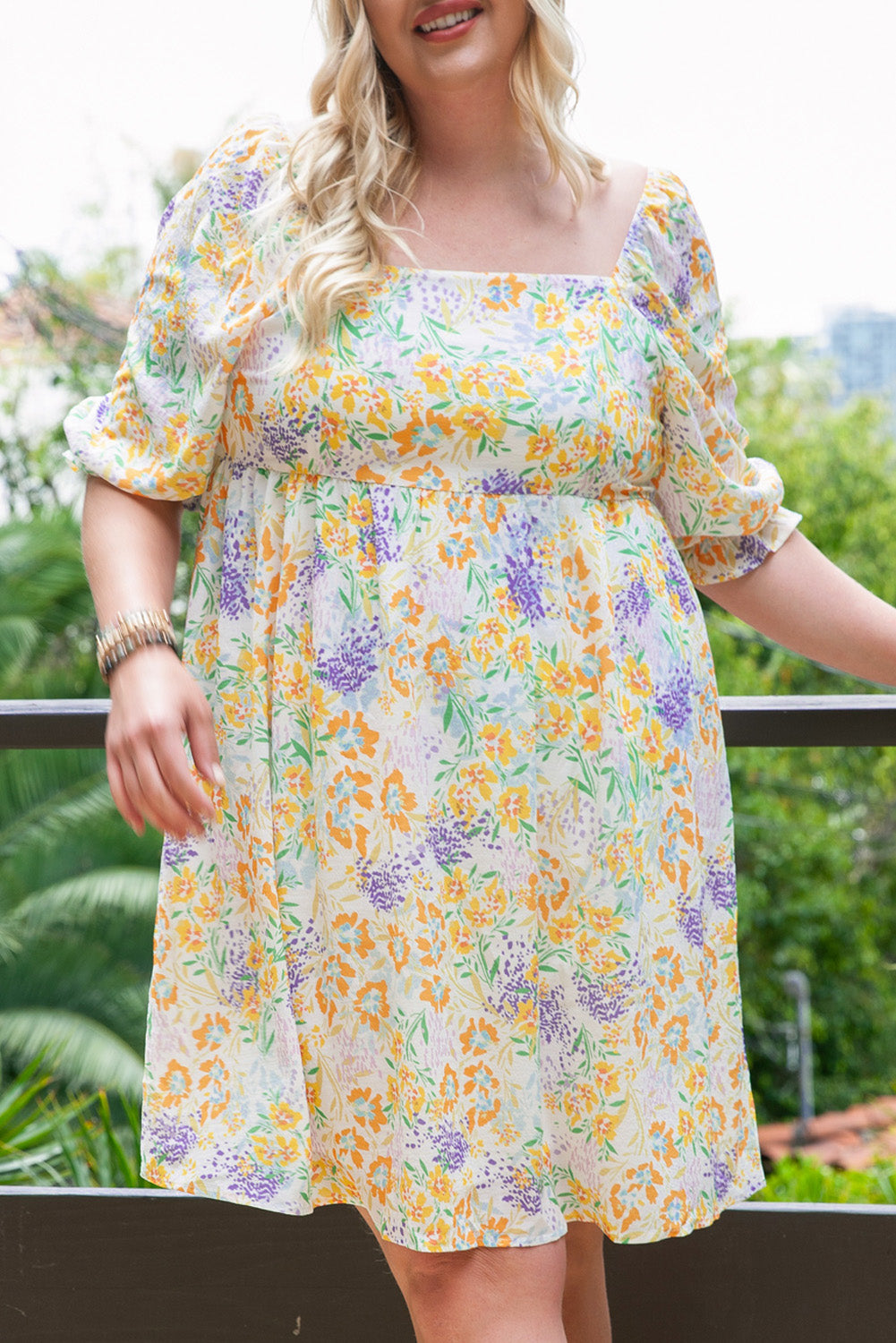 Women's Plus Size Floral Ruffle Bubble-Sleeve Dress
