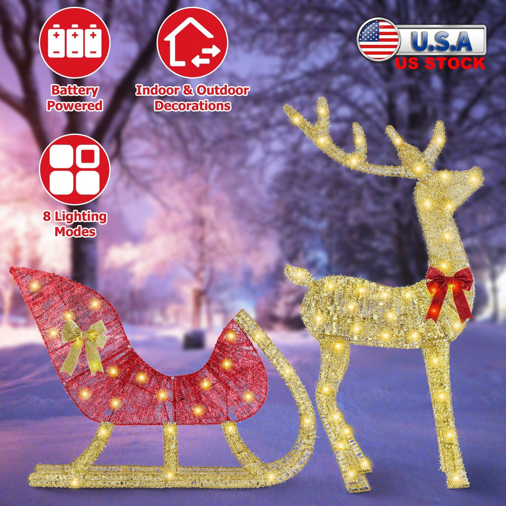Lighted Christmas Reindeer & Sleigh Indoor Outdoor Christmas Decoration Christmas Lighted Display
