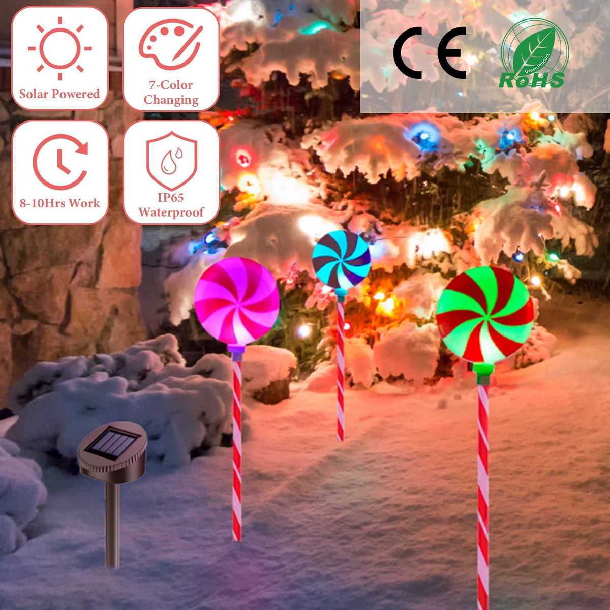 Solar Christmas Candy Light Set of 3 IP65 Waterproof Solar Lollipops Stake Lamp for Patio Yard