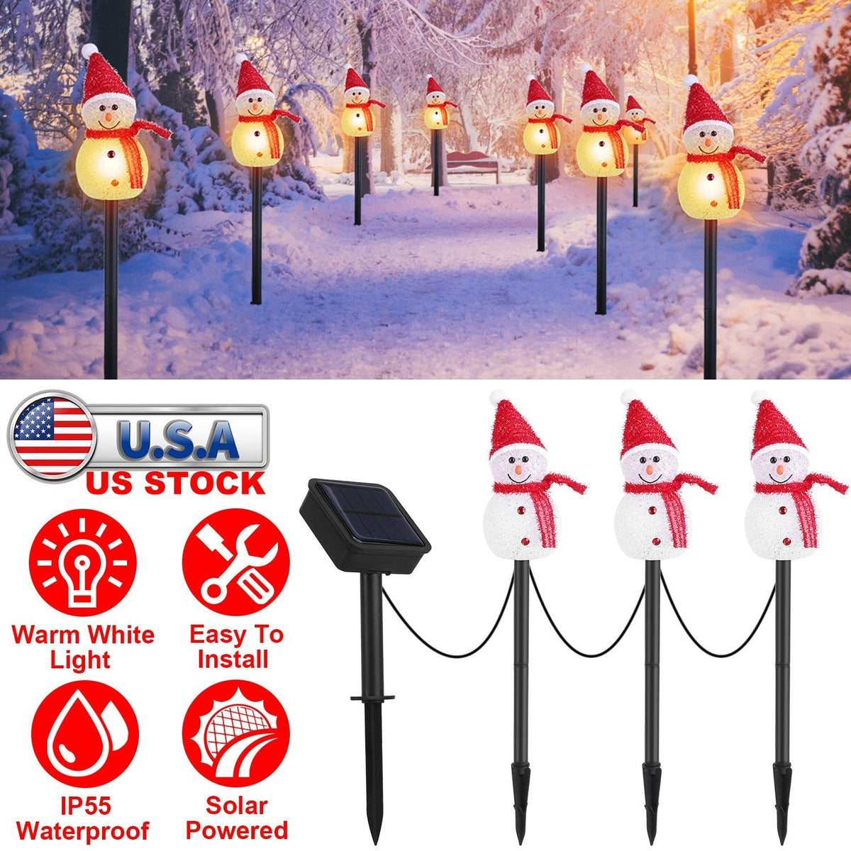 1Pc Solar Powered Lamp 3 Snowmen Outdoor Decorative Christmas Lamp Garden Stake Light IP55