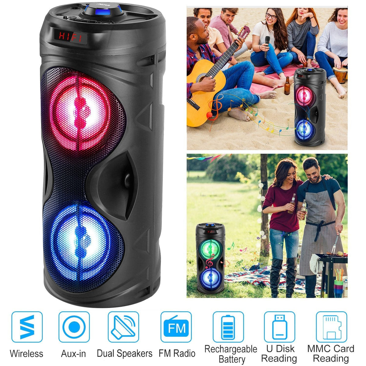 Portable Bluetooth Karaoke Party Speaker with LED Lights & FM