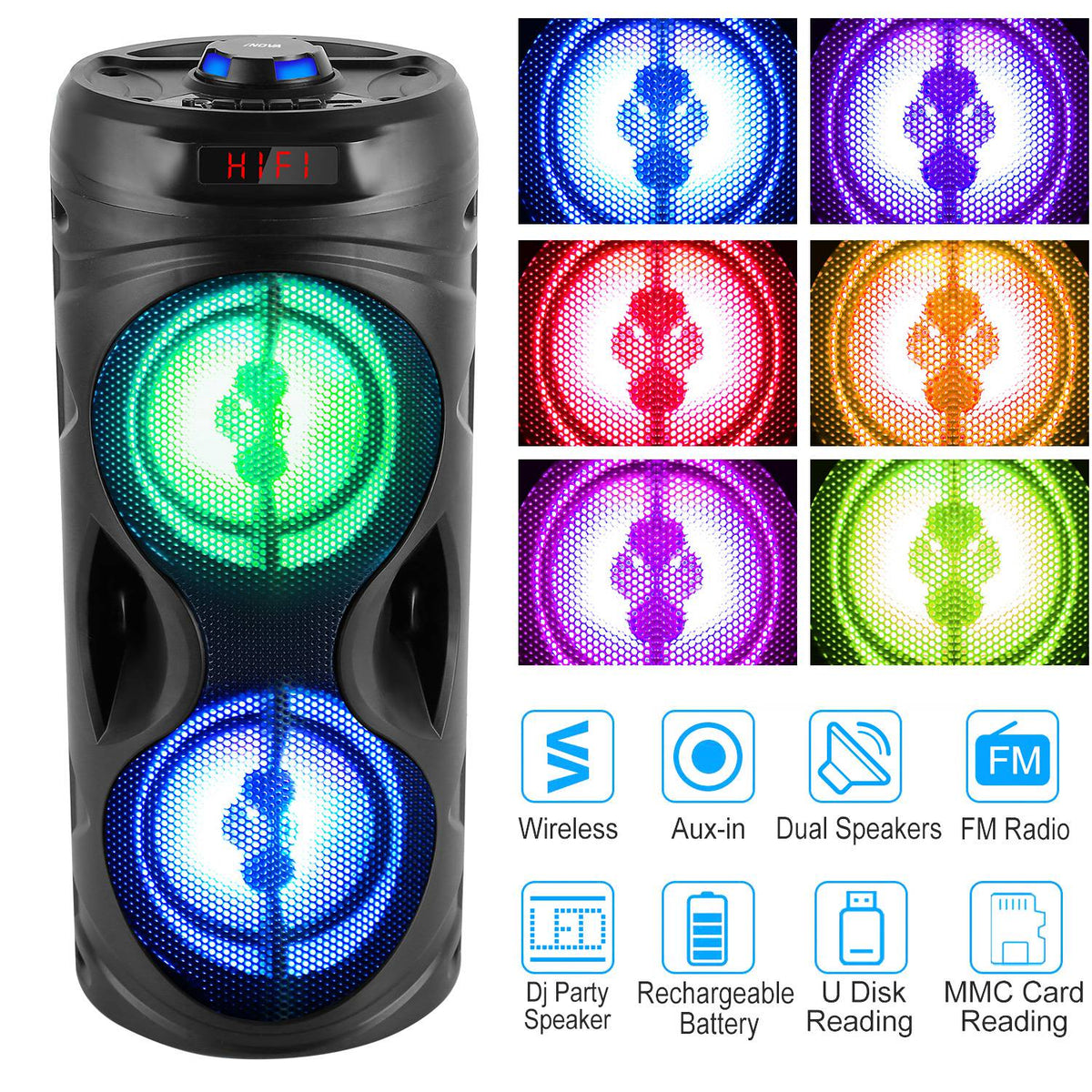 Portable Bluetooth Karaoke Party Speaker with LED Lights & FM