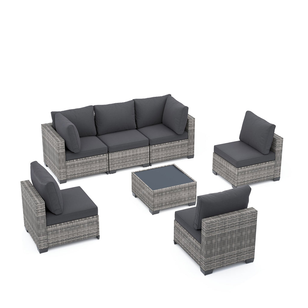 7-Piece Outdoor Patio Furniture Set, All-Weather Wicker Rattan Sectional Sofa With Thick Cushions & Glass Table, Modular Patio Conversation Furniture For Backyard, Poolside & Garden -Grey-Grey