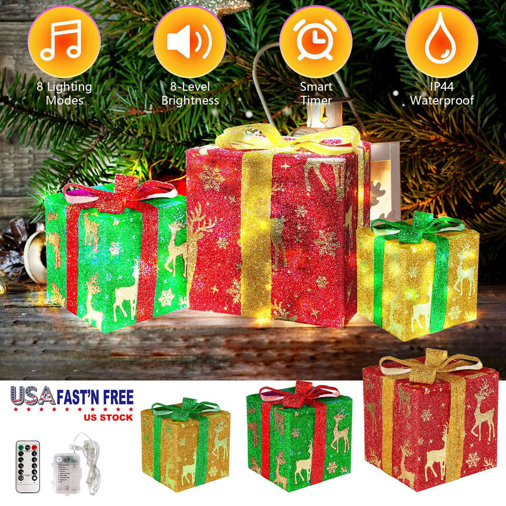 Set of 3 Christmas Lighted Gift Boxes Christmas Present Ornament 50 LED Christmas Box Decorations