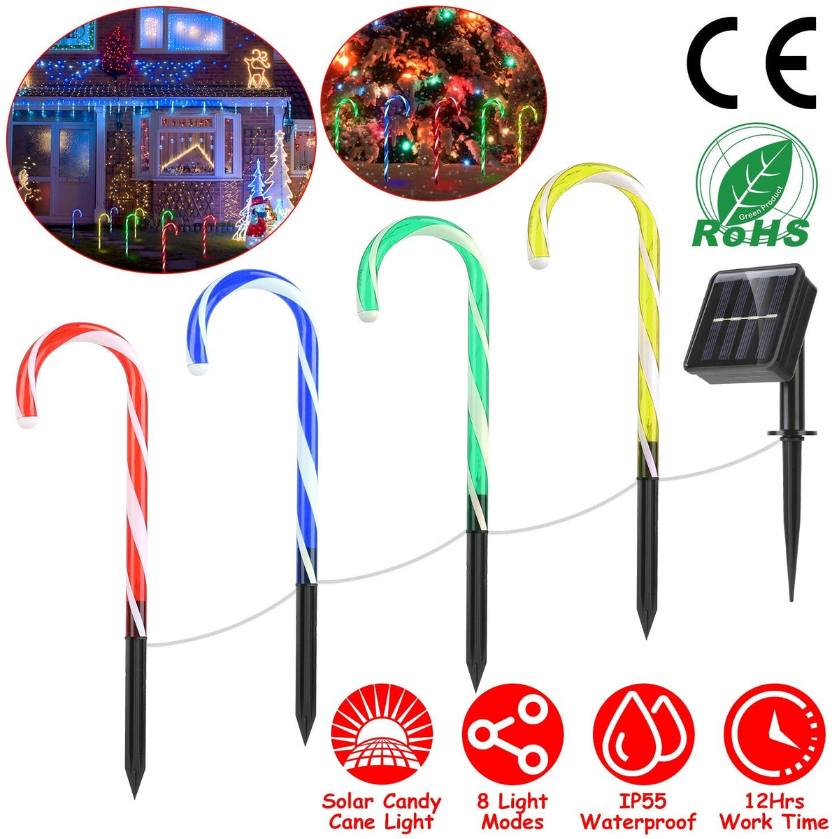 Solar Christmas Candy Cane Light IP55 Waterproof Stake Light Lamp for Patio Yard Garden Pathway